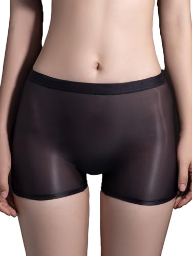 FEESHOW Damen Transparent Shorts Unterwäsche Glänzend Glatte Nylon Slip Boxer Briefs Unterhosen Hohe Taille Reizwäsche Schwarz Einheitsgröße von FEESHOW