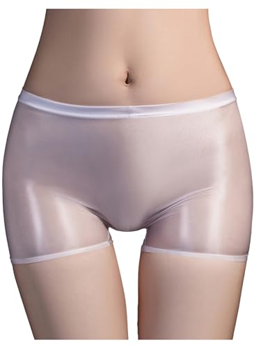 FEESHOW Damen Glänzend Transparent Boxer Shorts Briefs Unterwäsche Glatte Nylon Slip Unterhosen Hohe Taille Glossy Reizwäsche Atmungsaktiv E_Weiß Einheitsgröße von FEESHOW