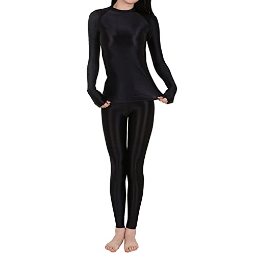 FEESHOW Damen Glänzend Wetlook Outfit Glanz Leggings Spandex Shirt Set Nylon Ganzkörper Strumpfhose Frauen Sport Yoga Outfit Stretch Tanzanzug Schwarz L von FEESHOW