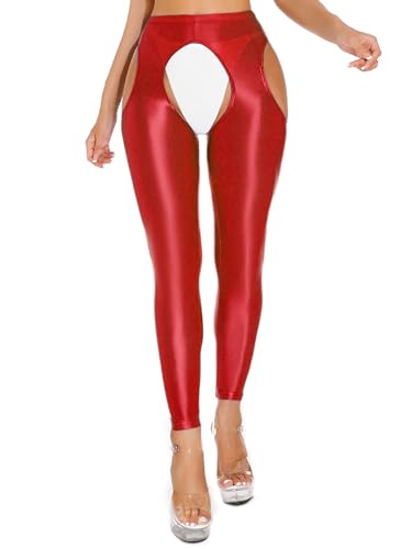 FEESHOW Damen Glänzende Leggings Ouvert Glatte Nylon Strumpfhose Strapse Strümpfe Erotik Dessous Unterwäsche Rot L FEESHOW Damen Glänzende Leggings Ouvert Glatte Nylon Strumpfhose Strapse Strümpfe Erotik Dessous Unterwäsche Rot L von FEESHOW