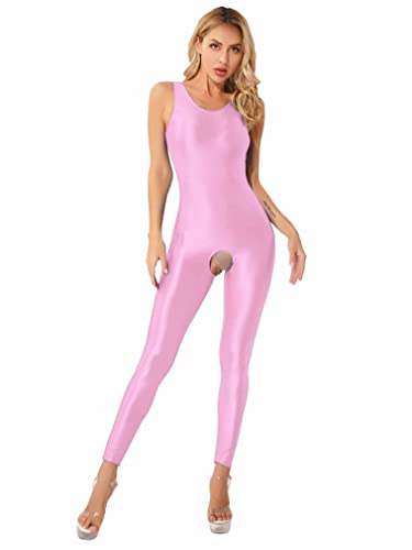 FEESHOW Damen Glanz Bodystocking Glänzende Öl-Optik Ganzkörper Strumpfhose Crotchless Fetische Dessous Nachtwäsche C_Rosa XL von FEESHOW