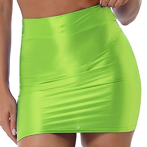 FEESHOW Damen Glanz Nylon Rock Wetlook Unterwäsche Glatte Body Stocking Minirock Bleistiftrock Etuirock Erotik Nachtwäsche Neongrün_E XL von FEESHOW