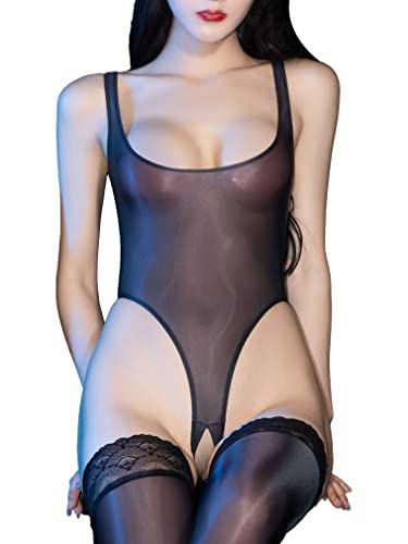 FEESHOW Damen Glanz Sheer Bodysuit Ouvert Glatte Nylon Catsuit Stringbody Sexy Durchsichtige Bikini Thong Leotard Erotik Lingerie Nachtwäsche Schwarz Einheitsgröße von FEESHOW