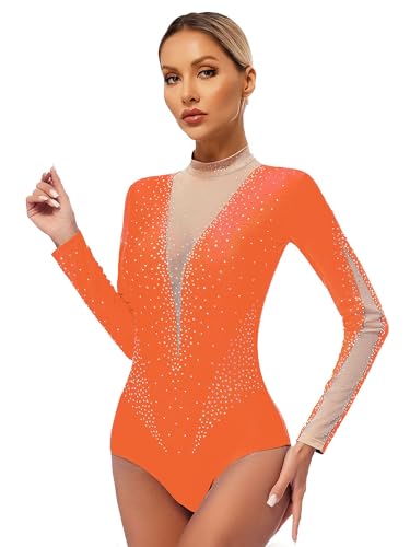 FEESHOW Damen Gymnastikanzug Langarm Glitzer Turntrtikot Transparente Mesh-Patchwork Tanz Ballett Body Mit Strass Eislaufen Tanzkleidung Orange L von FEESHOW