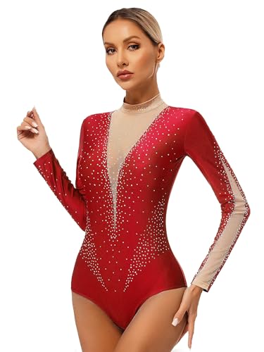 FEESHOW Damen Gymnastikanzug Langarm Glitzer Turntrtikot Transparente Mesh-Patchwork Tanz Ballett Body Mit Strass Eislaufen Tanzkleidung Rot M FEESHOW Damen Gymnastikanzug Langarm Glitzer Turntrtikot Transparente Mesh-Patchwork Tanz Ballett Body Mit Strass Eislaufen Tanzkleidung Rot M von FEESHOW