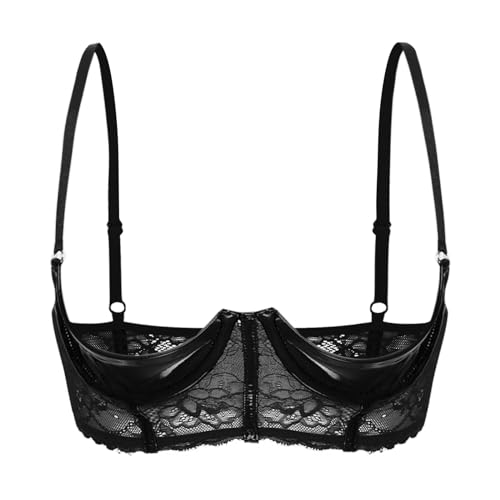 FEESHOW Damen Hebe BH Brust Offen Transparente Spitze/Leder Bra Mit Bügel Verführerische Dessous Reizwäsche Oberteile A_Schwarz 4XL von FEESHOW