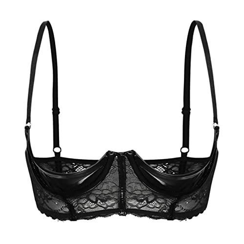 FEESHOW Damen Hebe BH Brust Offen Transparente Spitze/Leder Bra Mit Bügel Verführerische Dessous Reizwäsche Oberteile A_Schwarz XL von FEESHOW