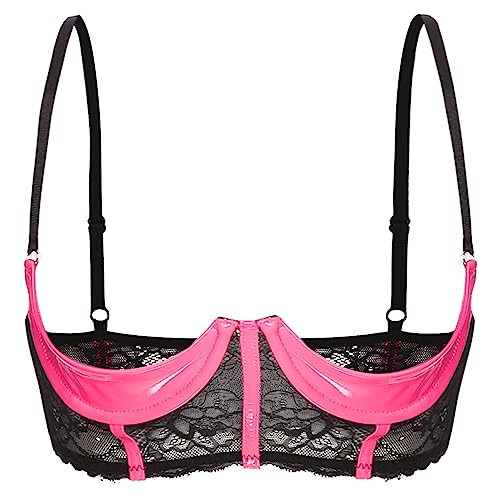 FEESHOW Damen Hebe BH Brust Offen Transparente Spitze/Leder Bra Mit Bügel Verführerische Dessous Reizwäsche Oberteile A_Rosa XXL von FEESHOW