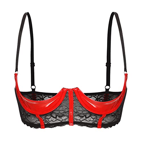 FEESHOW Damen Hebe BH Brust Offen Transparente Spitze/Leder Bra Mit Bügel Verführerische Dessous Reizwäsche Oberteile A_Rot S von FEESHOW