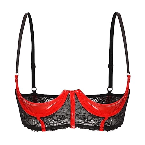 FEESHOW Damen Hebe BH Brust Offen Transparente Spitze/Leder Bra Mit Bügel Verführerische Dessous Reizwäsche Oberteile A_Rot 5XL von FEESHOW