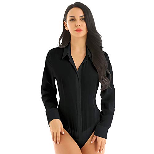 FEESHOW Damen Hemd Bodysuit Einteiliger Umlegekragen Tiefer Ausschnitt Bodybluse Lässige Business Freizeithemd Stringbody Schwarz Langarm 3X-Large von FEESHOW