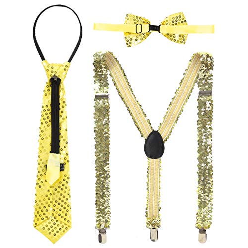 FEESHOW Damen Herren Pailletten Hosenträger Fliegen Krawatten Hut Set Glitzer Hosenträger Set Einstellbar Elastisch für Party Nachtclub Show Gold Einheitsgröße von FEESHOW