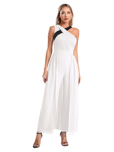 FEESHOW Damen Jumpsuit Elegante Sommer Festlich Overall Lang Mit Ein-Schulterträger Einteiler Hochzeit Party Business Hosenanzug Weiß S von FEESHOW
