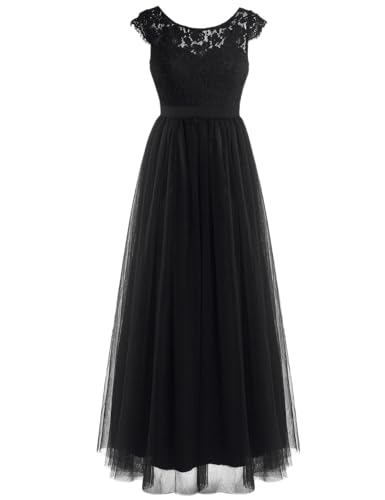 FEESHOW Damen Kleider Spitze Festlich Hochzeit Brautjungfer Cocktailkleid Tüll Elegent Langes Abendkleid Gr.34-46 Schwarz 36(Herstellergröße 6) von FEESHOW