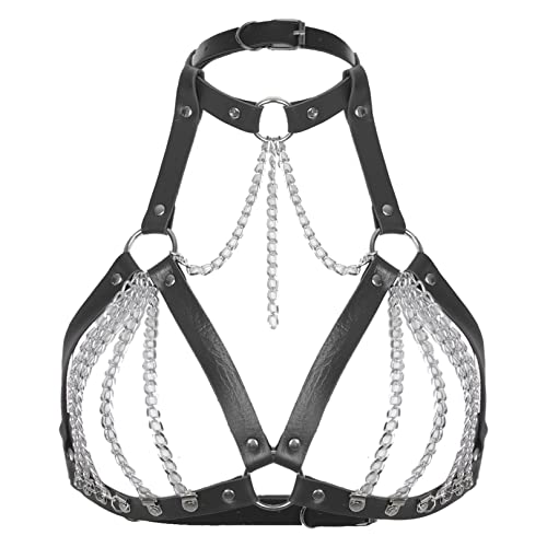 FEESHOW Damen Körper Brust Geschirr Harness Riemen BH Leder Brustgurt mit Metall Ketten Punk Gothic Kostüm Clubwear Schwarz_C Einheitsgröße von FEESHOW