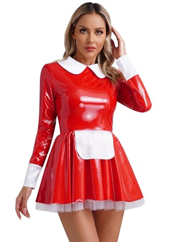 FEESHOW Damen Kostüm Latex Dienstmädchen Kleid Lack Maid Kleid Französisches Magd Uniform Fasching Karneval Kostüm Nachthemd Partykleid Rot_D 4XL von FEESHOW