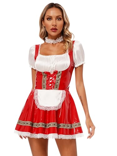 FEESHOW Damen Kostüm Latex Dienstmädchen Kleid Lack Maid Kleid Französisches Magd Uniform Fasching Karneval Kostüm Nachthemd Partykleid Rot_K 4XL von FEESHOW