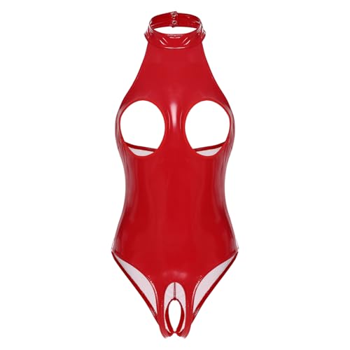 FEESHOW Damen Lack Leder Catsuit Brüste Offen Lack Body Busenfrei Wetlook Dessous Ouvert Stringbody Erotische Babydoll Negligee Rot M von FEESHOW