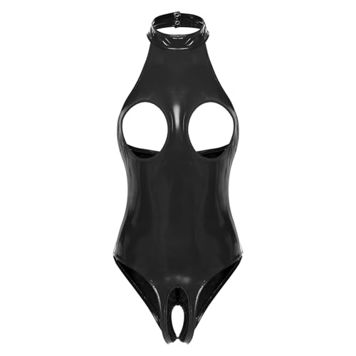 FEESHOW Damen Lack Leder Catsuit Brüste Offen Lack Body Busenfrei Wetlook Dessous Ouvert Stringbody Erotische Babydoll Negligee Schwarz S von FEESHOW