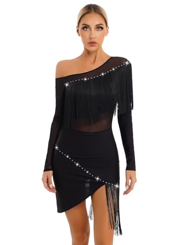 FEESHOW Damen Latein Tanzkleid Langarm Flapper Kleid Quasten Salsa Kleid Rumba Samba Latino Tanzkleidung Party Modern Jazz Dance Outfit Schwarz_A XL von FEESHOW