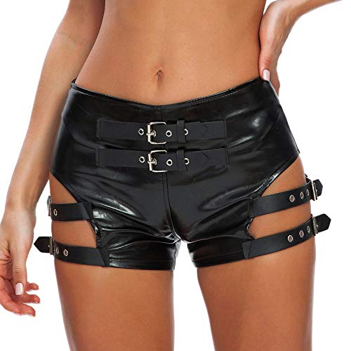 FEESHOW Damen Ledershorts Sexy High Waist Lack Leder Kurze Hose Booty Shorts mit Schnallendekor Gogo Nachtclub Tanzshorts Schwarz XL von FEESHOW