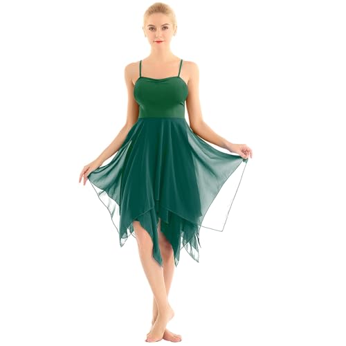 FEESHOW Damen Lyrisch Tanzkleid Ärmellos Ballettanzug Ballerina Kleid Asymmetrisches Maxikleid Modern Tanzkostüm Bühnenanzug Grün M von FEESHOW