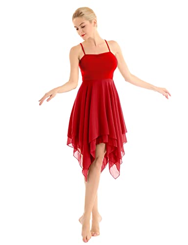 FEESHOW Damen Lyrisch Tanzkleid Ärmellos Ballettanzug Ballerina Kleid Asymmetrisches Maxikleid Modern Tanzkostüm Bühnenanzug Rot L von FEESHOW