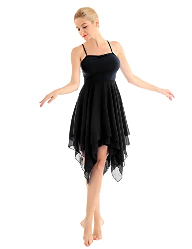 FEESHOW Damen Lyrisch Tanzkleid Ärmellos Ballettanzug Ballerina Kleid Asymmetrisches Maxikleid Modern Tanzkostüm Bühnenanzug Schwarz L von FEESHOW