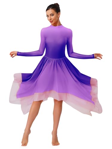 FEESHOW Damen Lyrisch Tanzkleid Langarm Farbverlauf Salsa Walzer Kleid Unregelmäßiger Saum Ballroom Tanzkostüme Lavendel S von FEESHOW