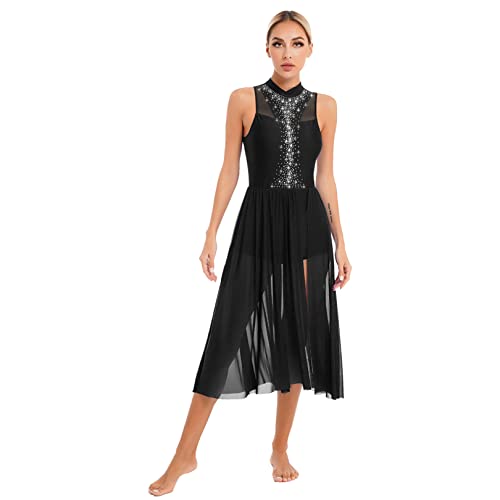 FEESHOW Damen Lyrische Tanzkleider Lang Ballett Leotard Swing Rock Latin Tango Walzer Ballsaal Kleid Moderne Tanzkostüme Contemporary Dance Dress Outfit A_Schwarz S von FEESHOW