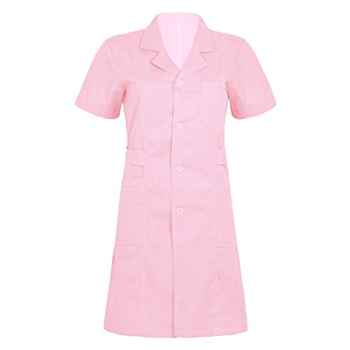 FEESHOW Damen Medizinische Uniform Krankenschwester Pflege Kurzarm Kleid Arztkittel Labormantel Baumwolle Rosa Small von FEESHOW