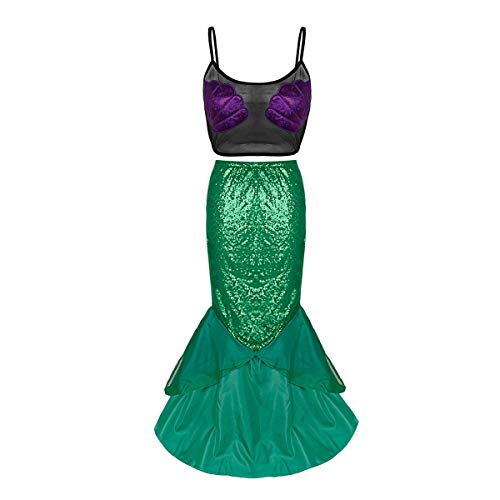 FEESHOW Damen Meerjungfrau Kostüm Halloween Rollenspiel Outfit Crop Top asymmetrische Pailletten Meerjungfrau Tail Rock Set Schwarz & Grün M von FEESHOW