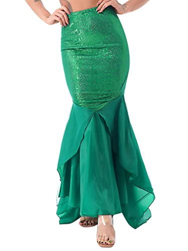 FEESHOW Damen Meerjungfrau Kostüm Rock Lang Pailletten Meerjungfrau Fischschwanz Maxirock Party Karneval Kostüm Cosplay Grün 4XL von FEESHOW