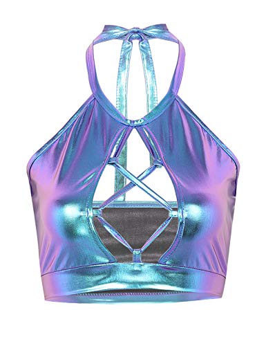 FEESHOW Damen Metallic BH Top Glänzend Tanktop Ärmellos Crop Top Shirt Bauchfrei Bikini Oberteil Tanzoutfit Clubwear Blau Large von FEESHOW