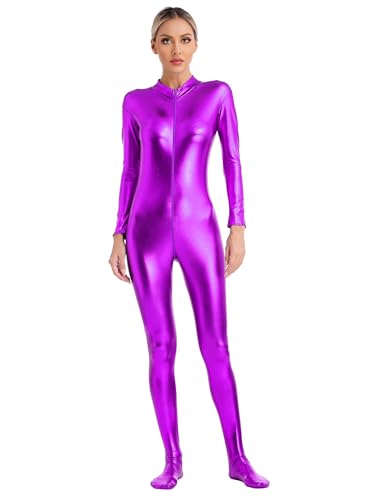 FEESHOW Damen Metallic Jumpsuit Sexy Glänzende Fasching Karneval Tanzkostüm Ganzkörperanzug Raumfahrer Weltraum Anzug Disco Party Clubwear Violett_A XL von FEESHOW