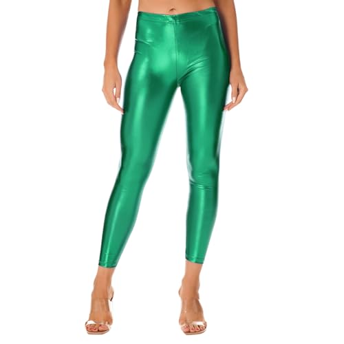 FEESHOW Damen Metallic Leggings Glänzende Kunstleder Hose Pants Shiny Hoher Taill für Party Tanz Disco Kostüm Fasching Karneval Cyan One Size von FEESHOW
