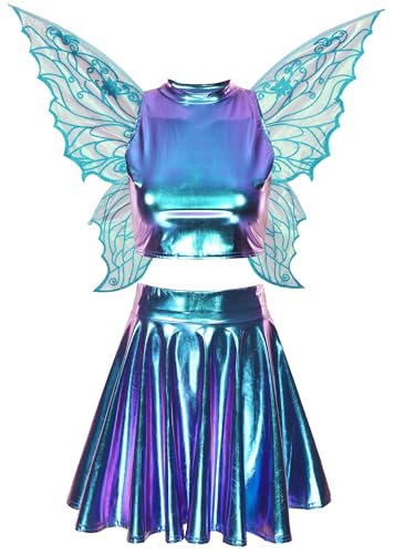 FEESHOW Damen Metallic Outfit Glitzer Crop Tank Top Holografisch Faltenrock Schmetterling Kostüm Flügel Set Karneval Party Clubwear Holografisch-Blau XL von FEESHOW