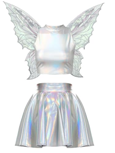 FEESHOW Damen Metallic Outfit Glitzer Crop Tank Top Holografisch Faltenrock Schmetterling Kostüm Flügel Set Karneval Party Clubwear Holografisch-Silber M von FEESHOW