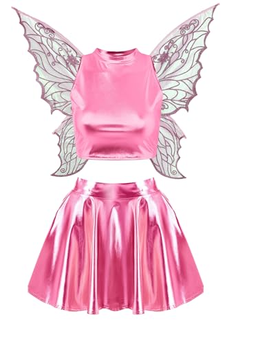 FEESHOW Damen Metallic Outfit Glitzer Crop Tank Top Holografisch Faltenrock Schmetterling Kostüm Flügel Set Karneval Party Clubwear Rosa S von FEESHOW