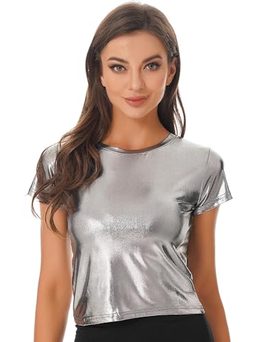 FEESHOW Damen Metallic Shirt Top Glänzend Holografisches T-Shirt Oberteil Kurzarm/Langarm Fasching Party Clubwear Silber/Gold/Lila/Pink/Blau Grau B L von FEESHOW