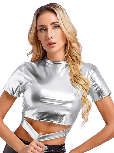 FEESHOW Damen Metallic Shirt Top Glänzend Holografisches T-Shirt Oberteil Kurzarm/Langarm Fasching Party Clubwear Silber/Gold/Lila/Pink/Blau Silber J L von FEESHOW