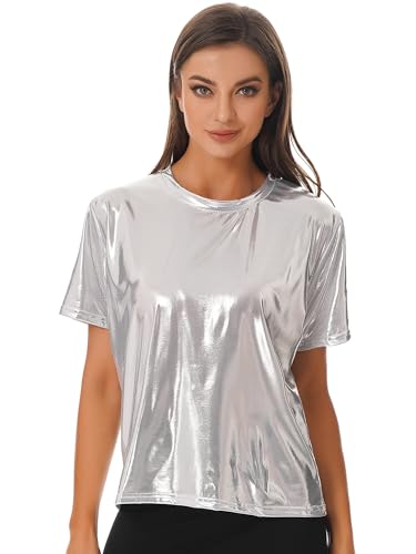 FEESHOW Damen Metallic Shirt Top Glänzend Holografisches T-Shirt Oberteil Kurzarm/Langarm Fasching Party Clubwear Silber/Gold/Lila/Pink/Blau Silber B L von FEESHOW