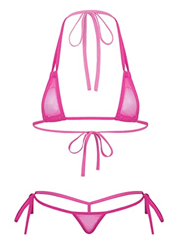 FEESHOW Damen Mini Bikini Set Triangel Brasil Bikinis Transparenter Micro BH G String Thong Set Schwimmanzug Bademode Netz Dessous Lingerie Babydoll Hot Pink_A OneSize von FEESHOW