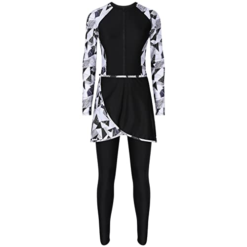 FEESHOW Damen Muslimischer Badeanzug Burkini 3-teilige Lang Schwimmoverall Hose Full Cover Badebekleidung Set Black&White S von FEESHOW