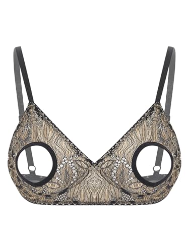 FEESHOW Damen Ouvert BH Nippelfrei Dessous Bügellos Transparent Spitze Bralette Push Up Cut Out Lingerie Bra Top Gold 5XL von FEESHOW