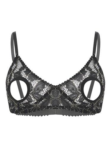 FEESHOW Damen Ouvert BH Nippelfrei Dessous Bügellos Transparent Spitze Bralette Push Up Cut Out Lingerie Bra Top Schwarz XL von FEESHOW
