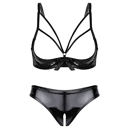 FEESHOW Damen Dessous Set Sexy Ouvert Offene Büstenhebe BH Slip Panty Set Leder Spitze Erotische Unterwäsche Versuchung Lingerie Typ J_Schwarz XXL von FEESHOW