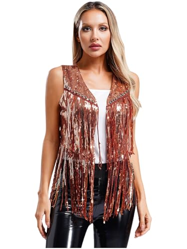 FEESHOW Damen Pailletten Fransen Weste Ärmellos Glitzer Quaste Jacke Vorderseite Offen Sparkle Festival Party Outfit Gilet Top Gold M von FEESHOW