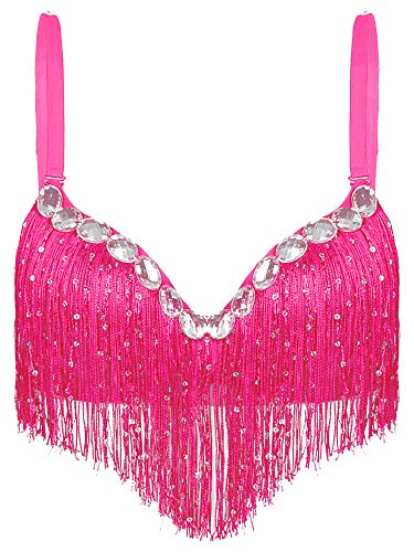 FEESHOW Damen Pailletten Quaste BH Bustier Push Up mit Strass Glitzer Bauchtanz Oberteil Musik Festival Party Nachtclub Kostüme Tanzbekleidung Tops Hot Pink Einheitsgröße von FEESHOW