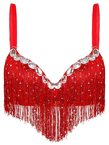 Feeshow Damen Pailletten Quaste BH Bustier Push Up mit Strass Glitzer Bauchtanz Oberteil Musik Festival Party Nachtclub Kostüme Tanzbekleidung Tops Rot Einheitsgröße von FEESHOW